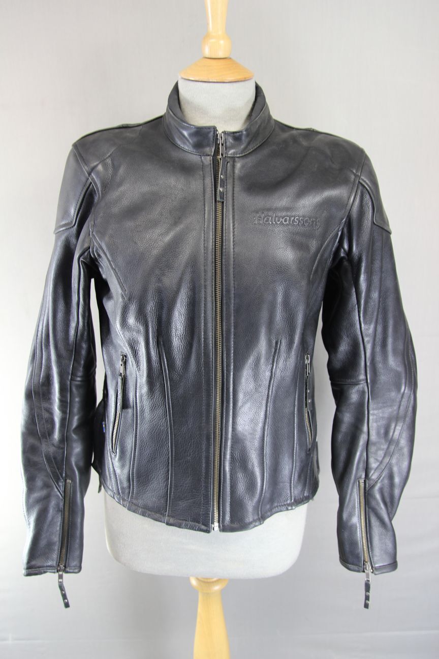 HALVARSSONS LADIES BLACK LEATHER BIKER JACKET WITH CE ARMOUR SIZE 10-12/MEDIUM