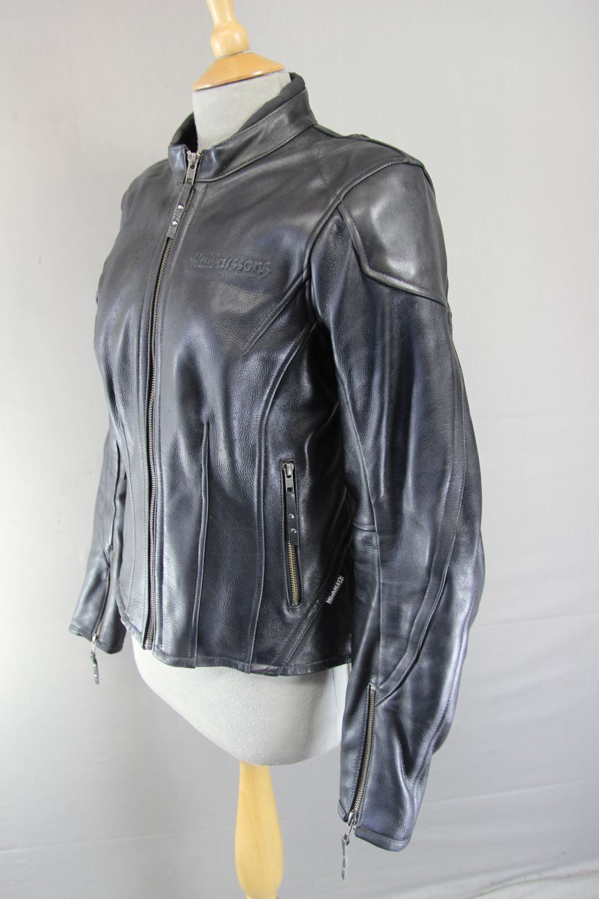 HALVARSSONS LADIES BLACK LEATHER BIKER JACKET WITH CE ARMOUR SIZE 10-12/MEDIUM