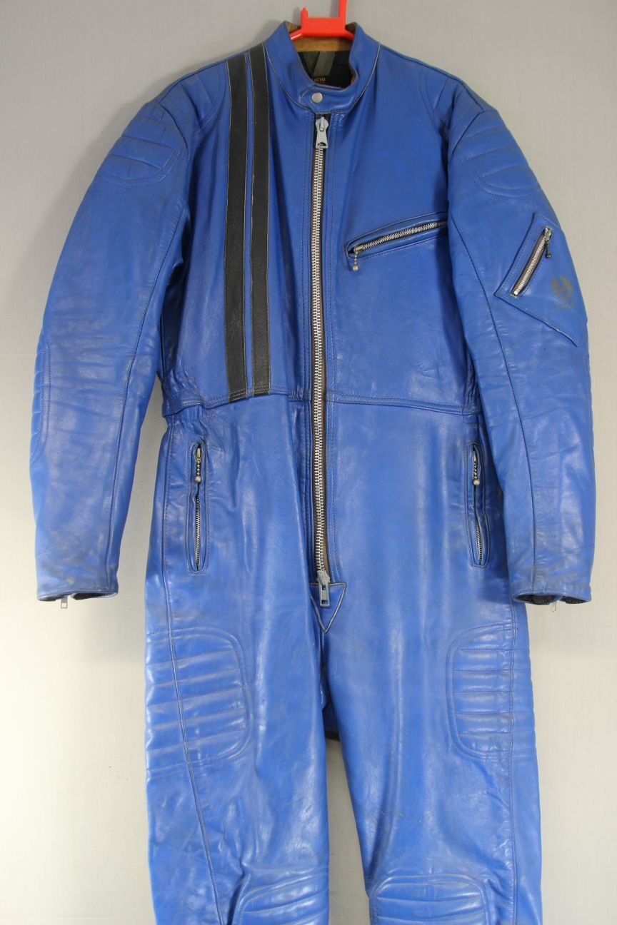 BELSTAFF RARE VINTAGE 1970S BRITISH MADE 1 PIECE BLUE LEATHER BIKER SUIT 38 INCH