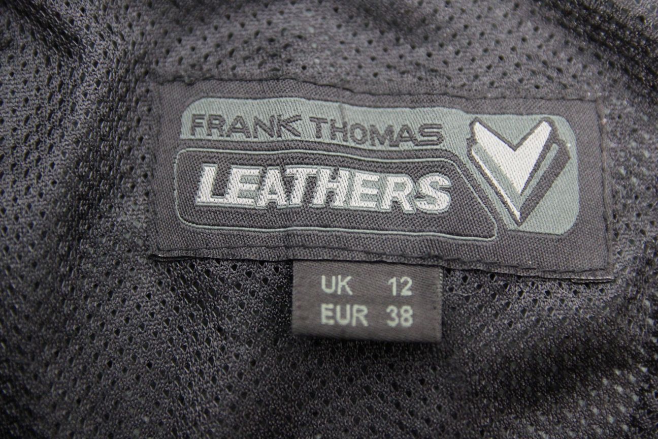 FRANK THOMAS BLACK LEATHER BIKER TROUSERS SIZE 12: WAIST 28 IN/INSIDE LEG 29 IN