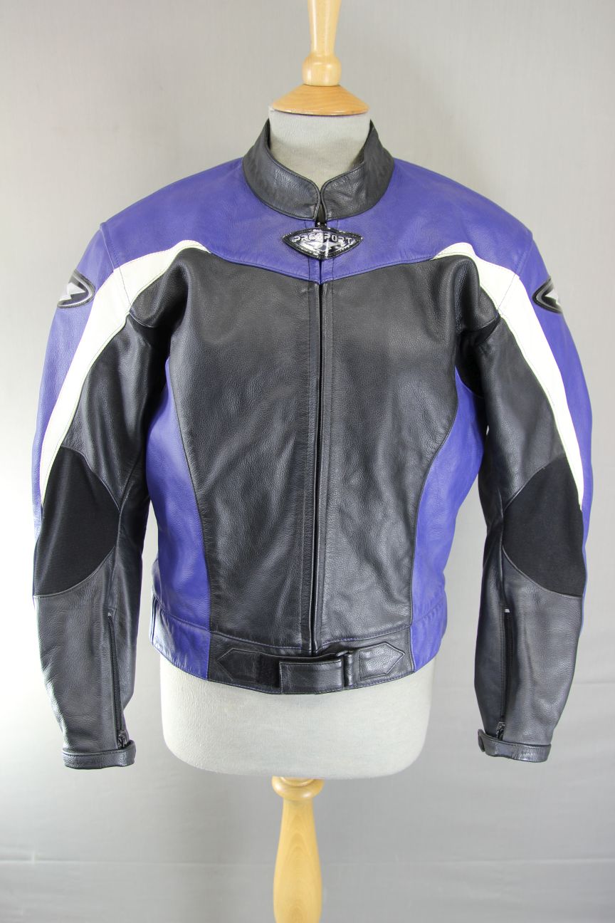 BLACK, BLUE & WHITE PREXPORT LEATHER BIKER JACKET WITH REMOVABLE CE ARMOUR 38 IN