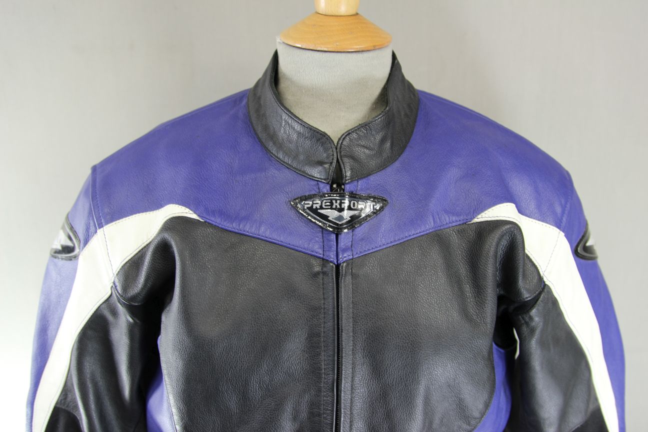 BLACK, BLUE & WHITE PREXPORT LEATHER BIKER JACKET WITH REMOVABLE CE ARMOUR 38 IN