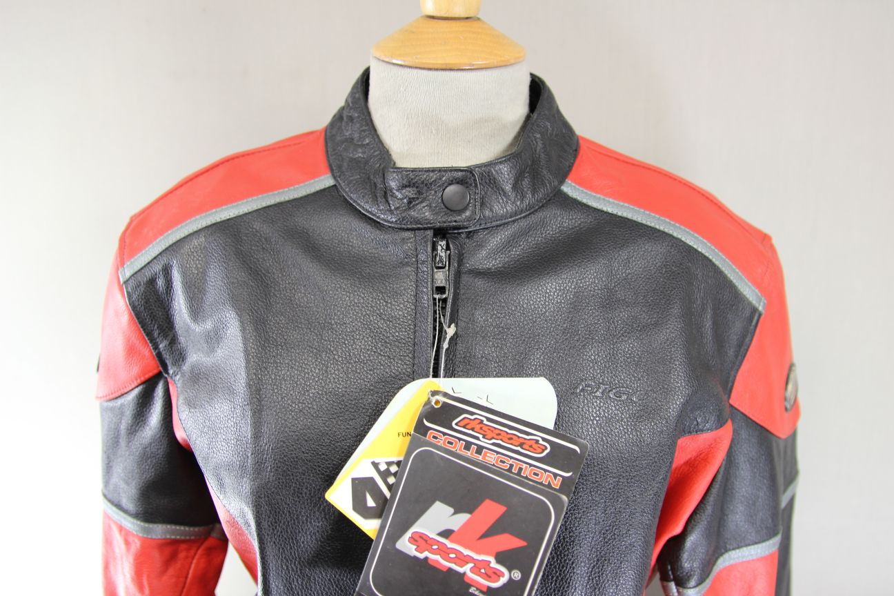 *UNWORN* FIGO KATRINA BLACK & RED LEATHER BIKER JACKET WITH CE ARMOUR: 40 IN/3XL