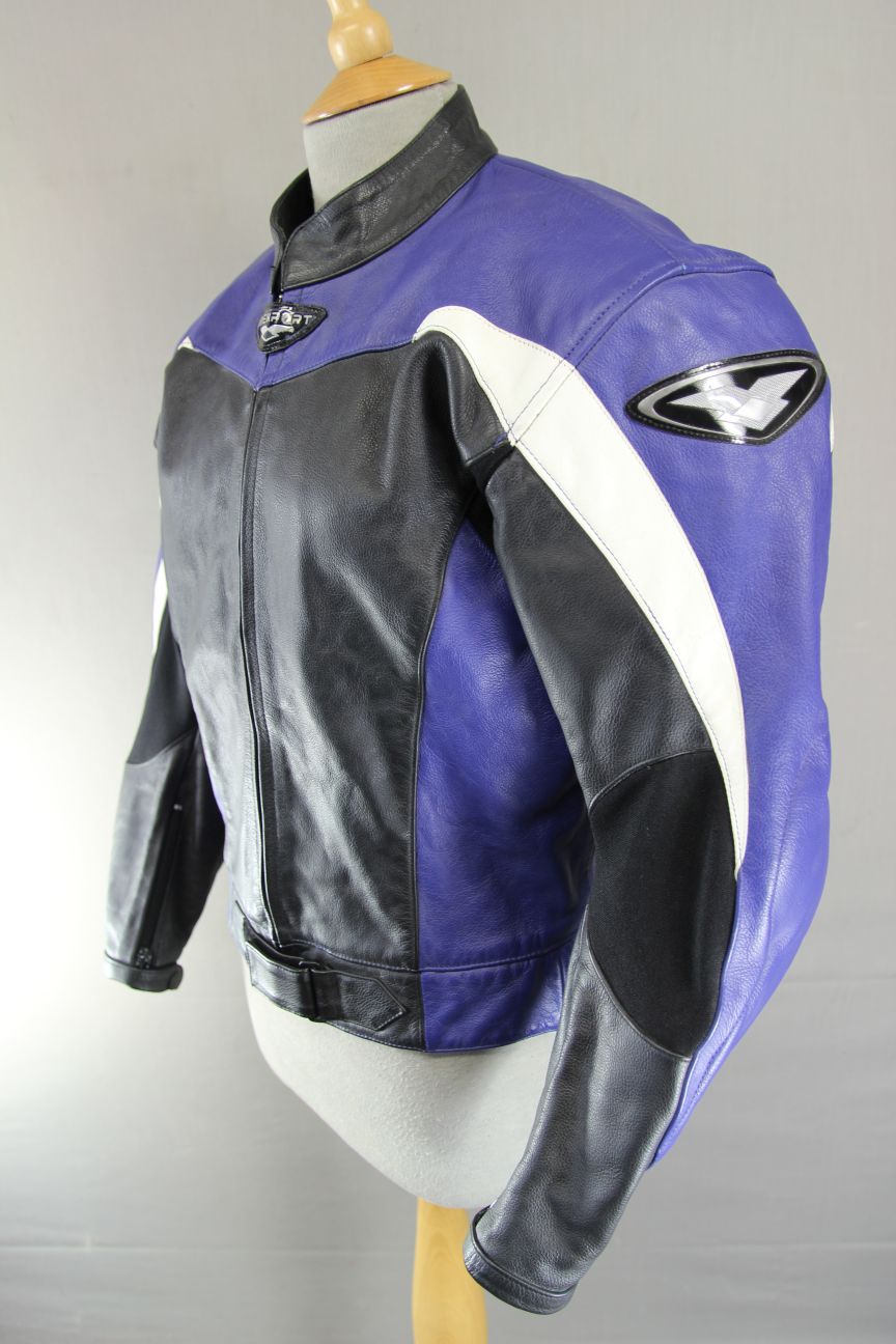 BLACK, BLUE & WHITE PREXPORT LEATHER BIKER JACKET WITH REMOVABLE CE ARMOUR 38 IN