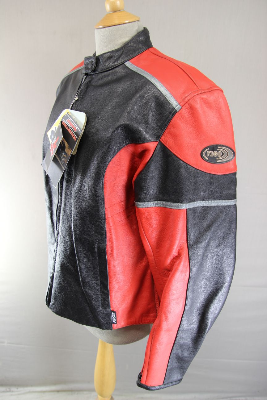 *UNWORN* FIGO KATRINA BLACK & RED LEATHER BIKER JACKET WITH CE ARMOUR: 40 IN/3XL