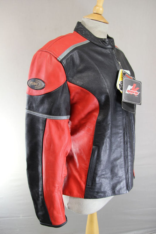*UNWORN* FIGO KATRINA BLACK & RED LEATHER BIKER JACKET WITH CE ARMOUR: 40 IN/3XL
