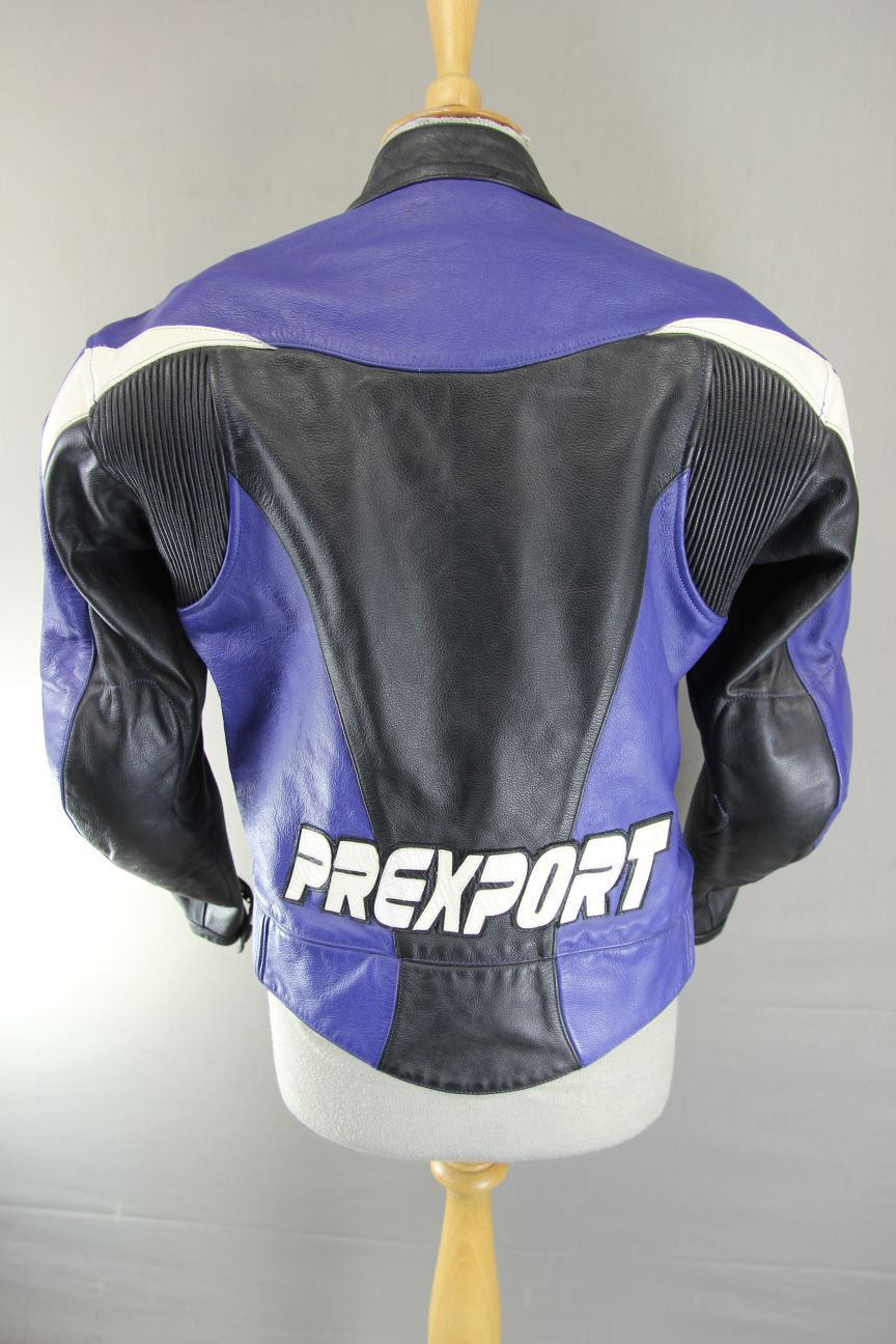 BLACK, BLUE & WHITE PREXPORT LEATHER BIKER JACKET WITH REMOVABLE CE ARMOUR 38 IN