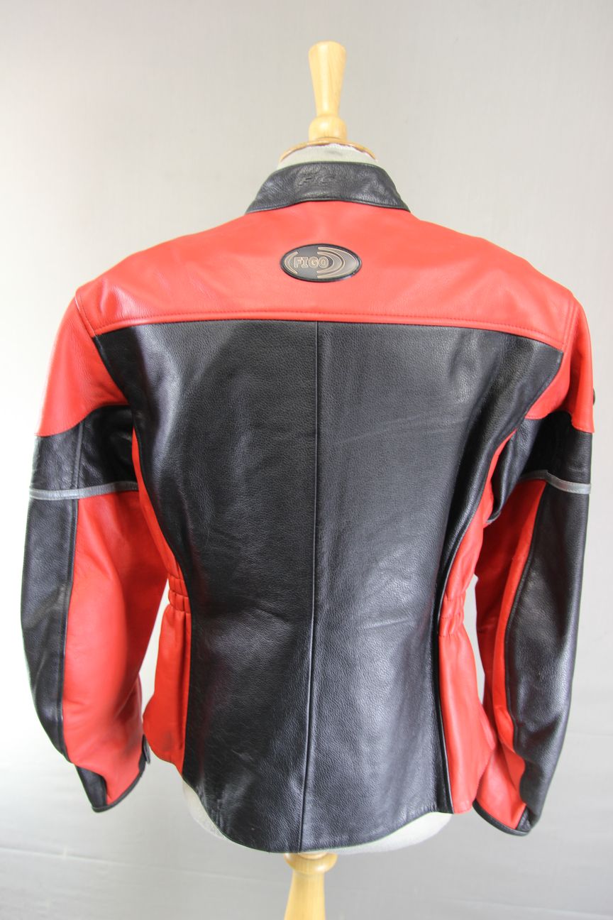 *UNWORN* FIGO KATRINA BLACK & RED LEATHER BIKER JACKET WITH CE ARMOUR: 40 IN/3XL