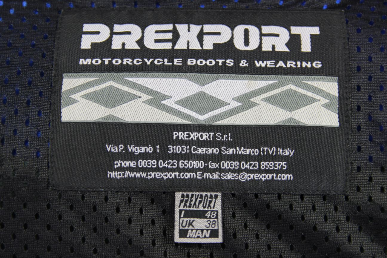 BLACK, BLUE & WHITE PREXPORT LEATHER BIKER JACKET WITH REMOVABLE CE ARMOUR 38 IN