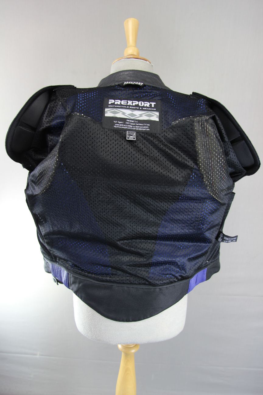 BLACK, BLUE & WHITE PREXPORT LEATHER BIKER JACKET WITH REMOVABLE CE ARMOUR 38 IN