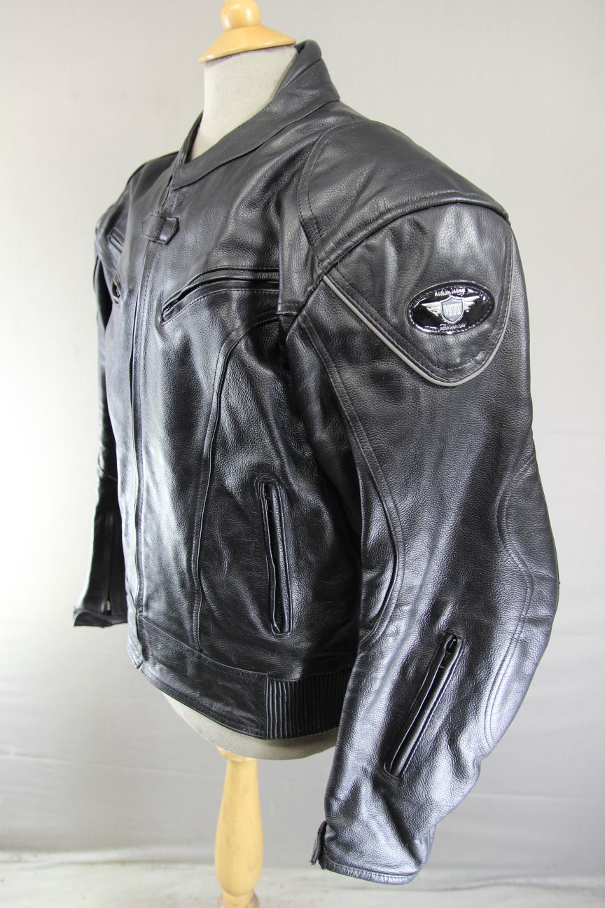 WHITE WINGS BLACK LEATHER BIKER JACKET 42 INCH/LARGE