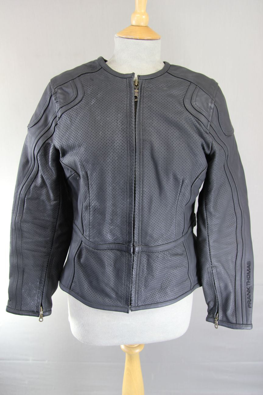 FRANK THOMAS LADY RIDER BLACK LEATHER BIKER JCKT + ARMOUR/THERMAL LINING SIZE 12