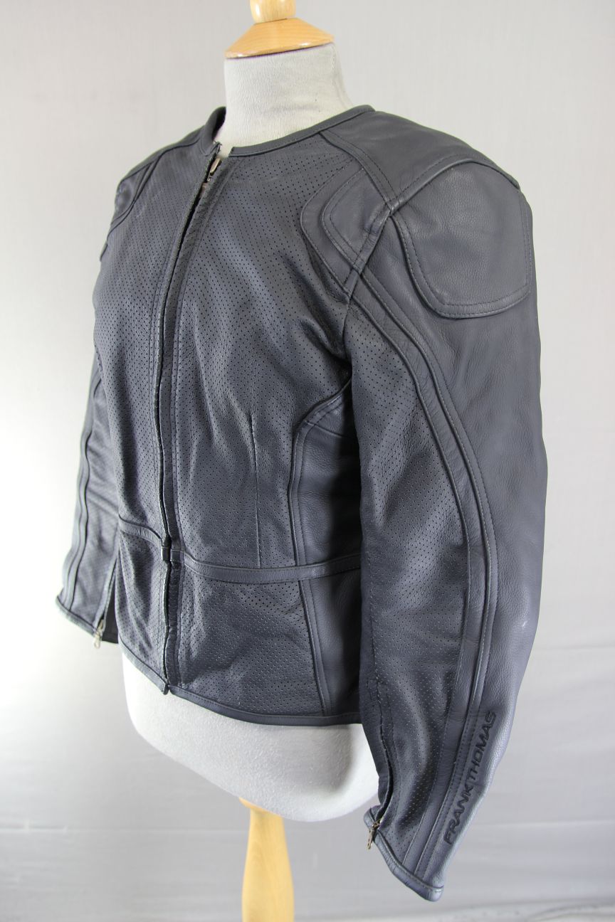 FRANK THOMAS LADY RIDER BLACK LEATHER BIKER JCKT + ARMOUR/THERMAL LINING SIZE 12