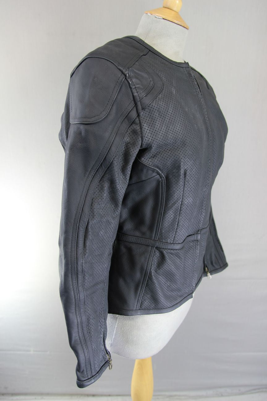 FRANK THOMAS LADY RIDER BLACK LEATHER BIKER JCKT + ARMOUR/THERMAL LINING SIZE 12