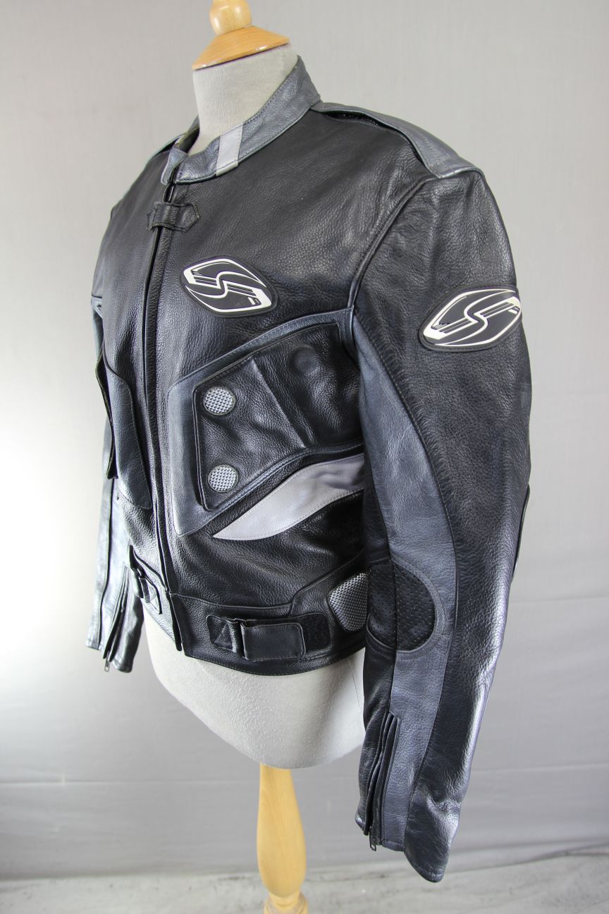 SRS BLACK, SILVER & GREY LEATHER BIKER JACKET WITH REMOVABLE PROTECTORS 38-40"/M