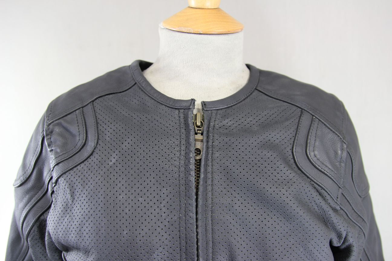 FRANK THOMAS LADY RIDER BLACK LEATHER BIKER JCKT + ARMOUR/THERMAL LINING SIZE 12