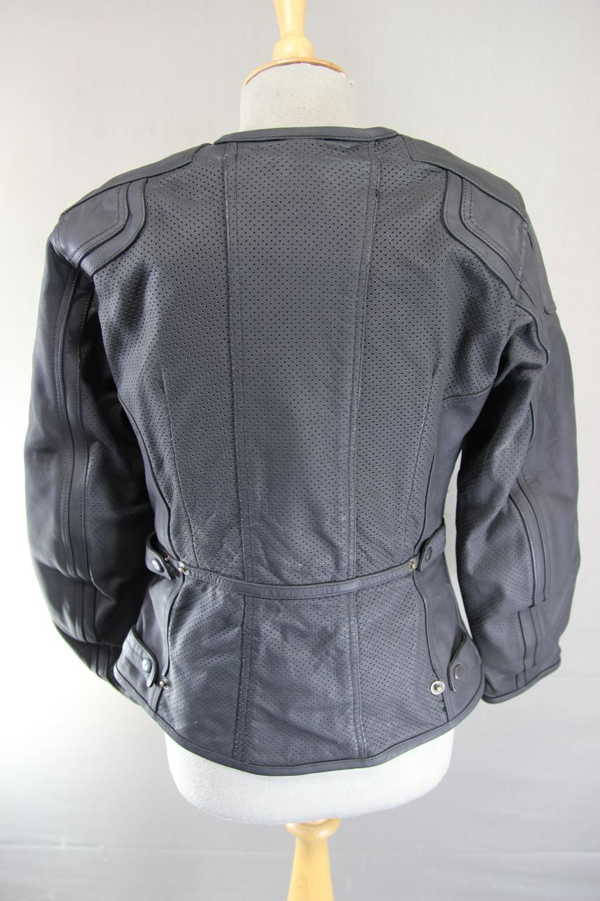 FRANK THOMAS LADY RIDER BLACK LEATHER BIKER JCKT + ARMOUR/THERMAL LINING SIZE 12