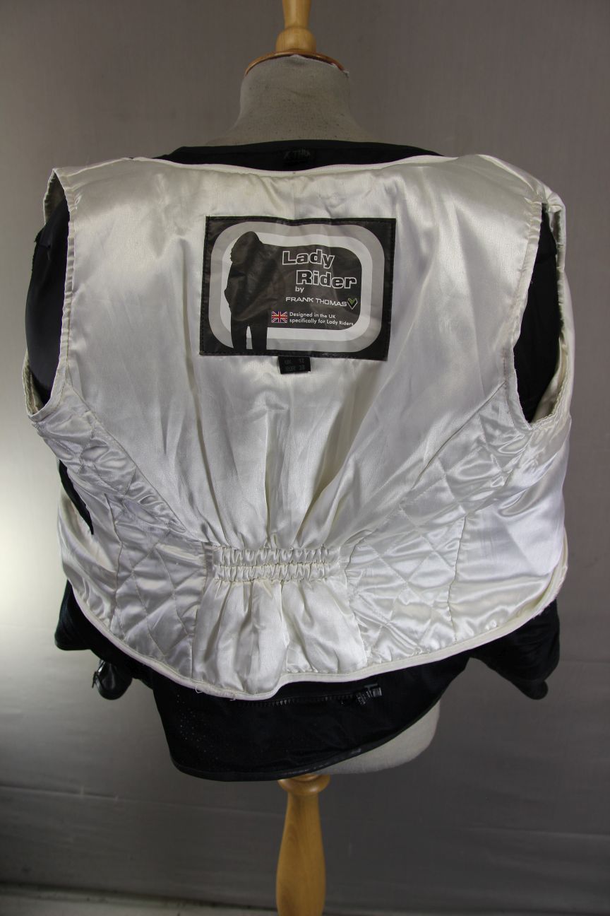 FRANK THOMAS LADY RIDER BLACK LEATHER BIKER JCKT + ARMOUR/THERMAL LINING SIZE 12