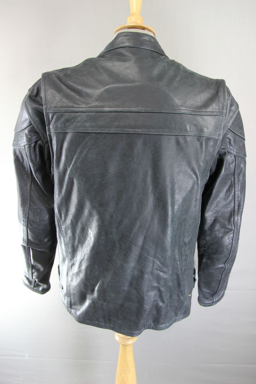 BLACK LEATHER BIKER JACKET + REMOVABLE BACK, SHOULDER & ELBOW CE ARMOUR 38IN/MED