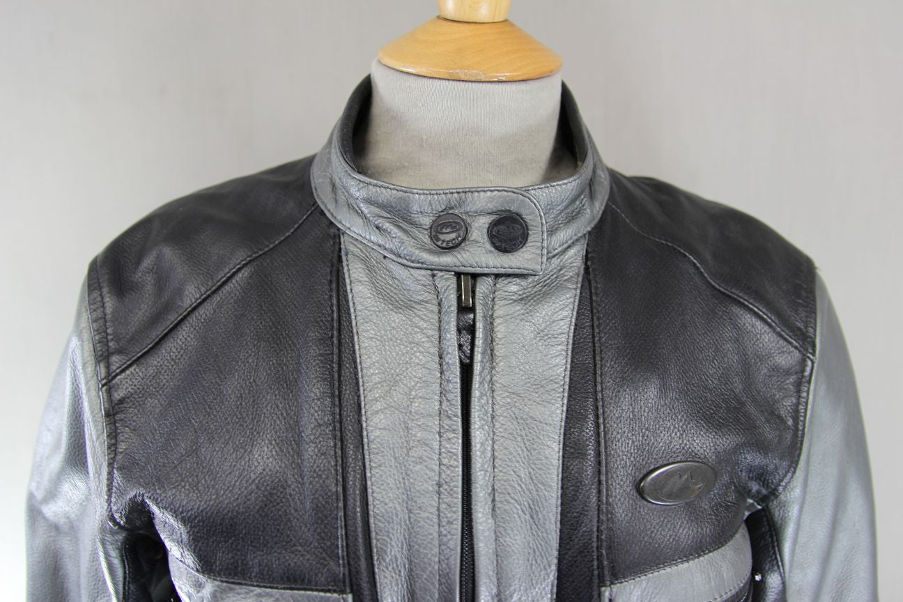 MTECH BLACK & SILVER LEATHER BIKER JACKET WITH BACK & SHOULDER CE ARMOUR 36 IN