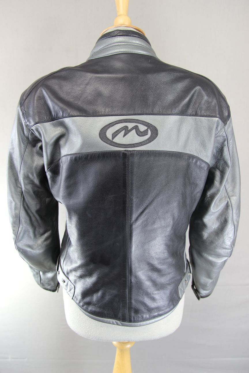 MTECH BLACK & SILVER LEATHER BIKER JACKET WITH BACK & SHOULDER CE ARMOUR 36 IN