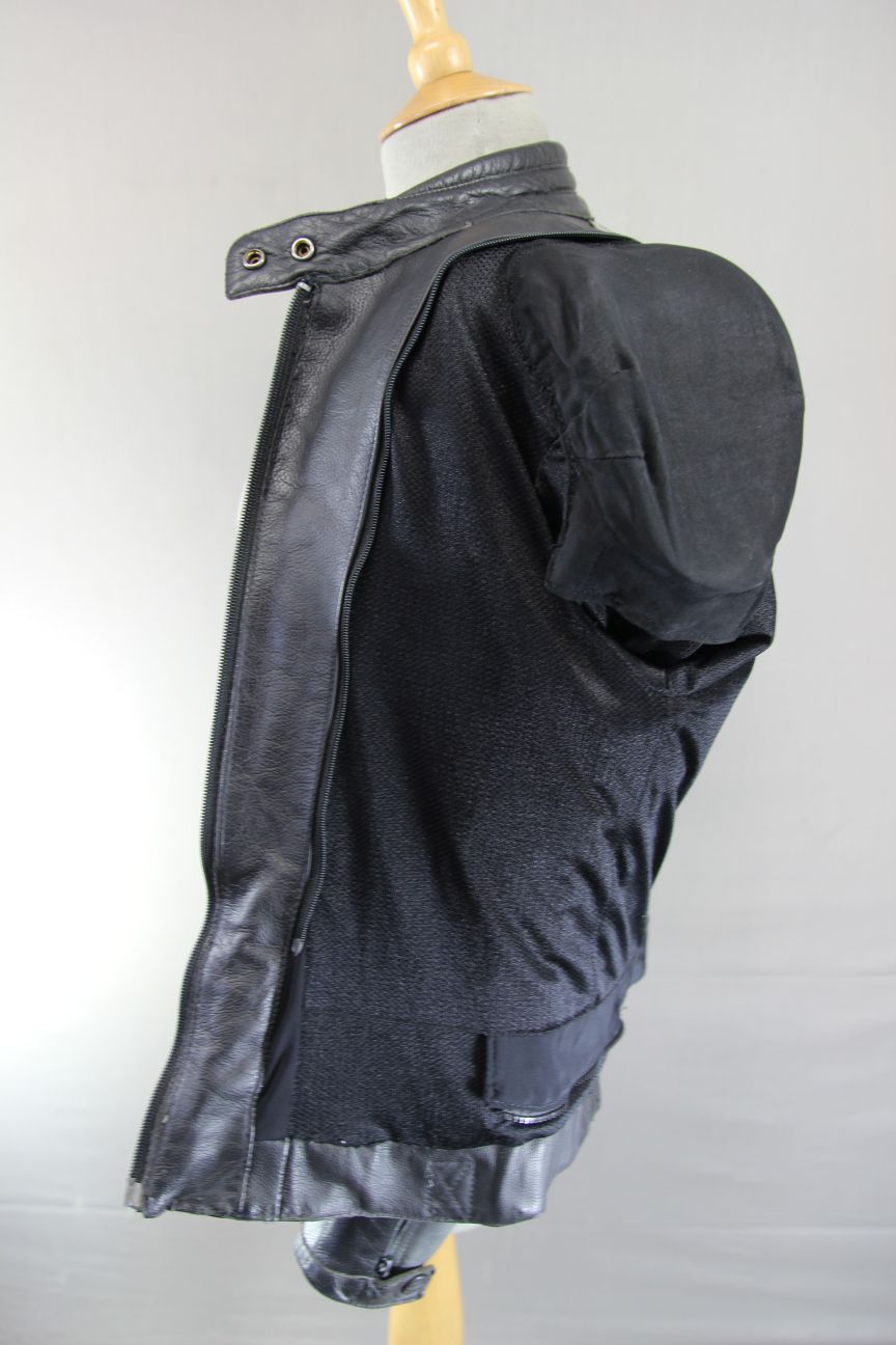 MTECH BLACK & SILVER LEATHER BIKER JACKET WITH BACK & SHOULDER CE ARMOUR 36 IN