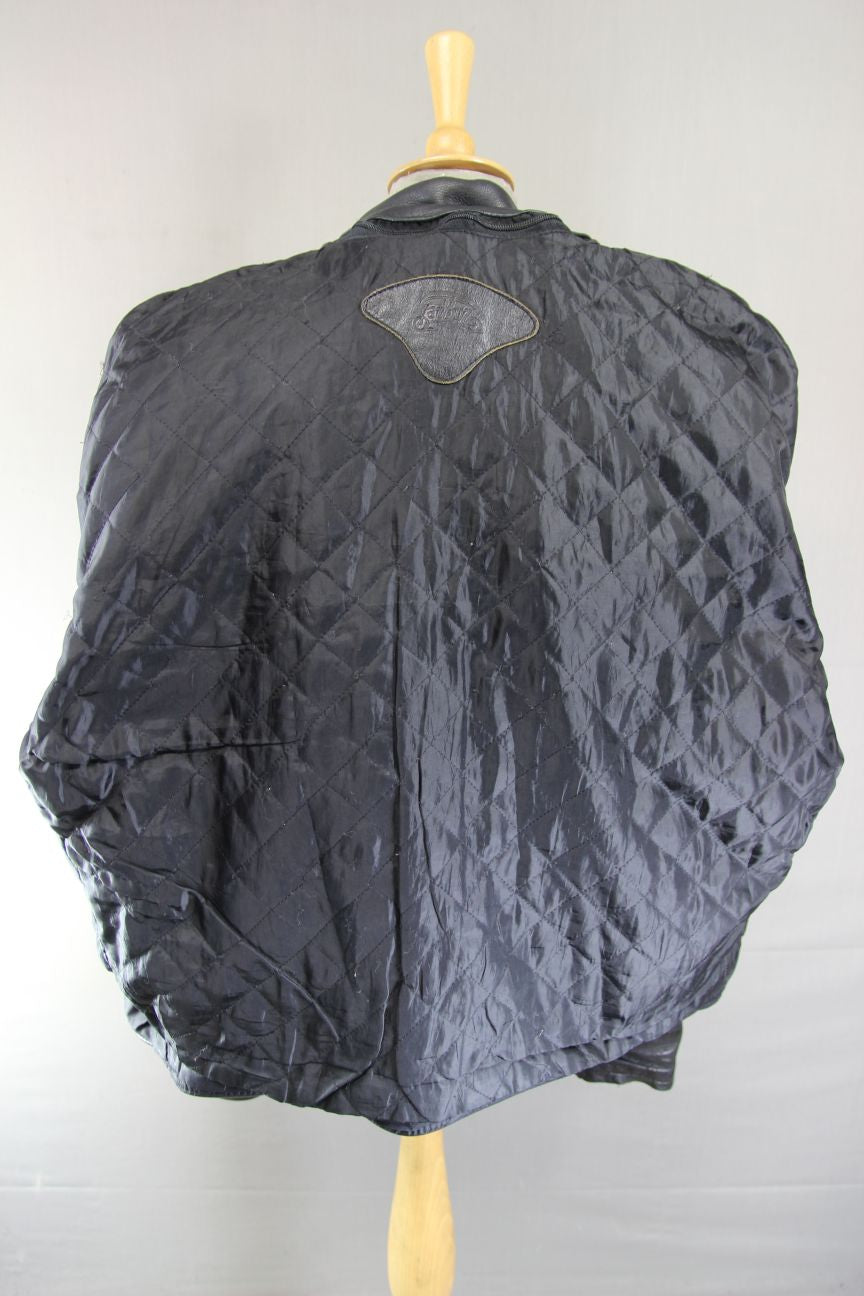 VINTAGE 70s PUNK ROCK STYLE BLACK LEATHER BIKER JACKET WITH QUILTED LINING 54 IN