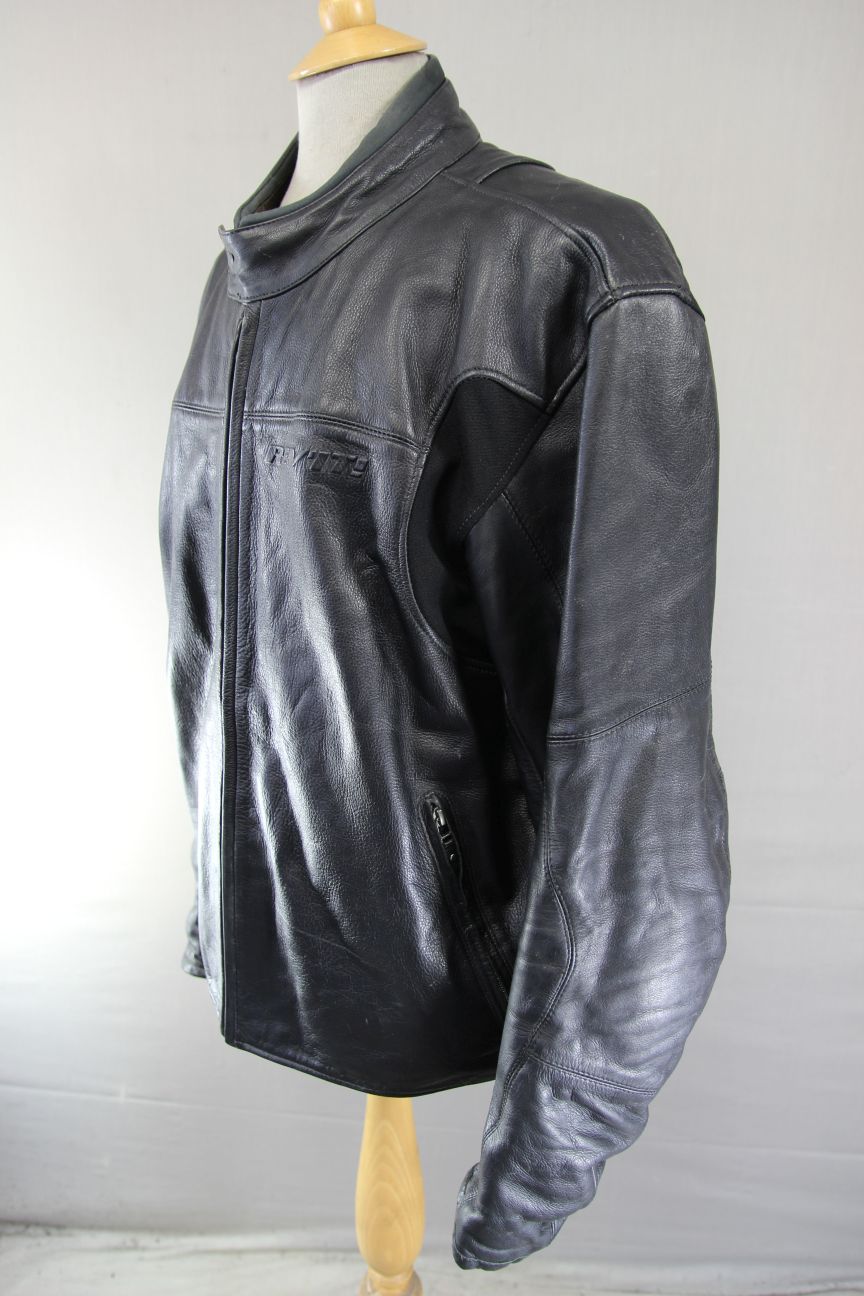 REV'IT! BLACK LEATHER BIKER JACKET WITH REMOVABLE SHOULDER & ELBOW CE ARMOUR 48"