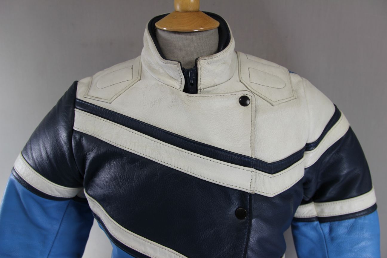 VINTAGE 80s BRITISH MADE SKY BLUE, NAVY & WHITE SCOTT LEATHERS BIKER JKT SIZE 14