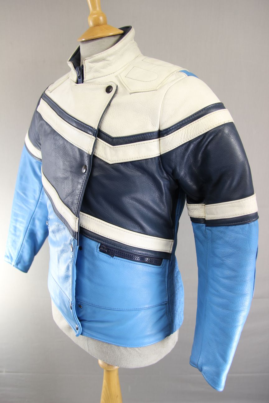 VINTAGE 80s BRITISH MADE SKY BLUE, NAVY & WHITE SCOTT LEATHERS BIKER JKT SIZE 14