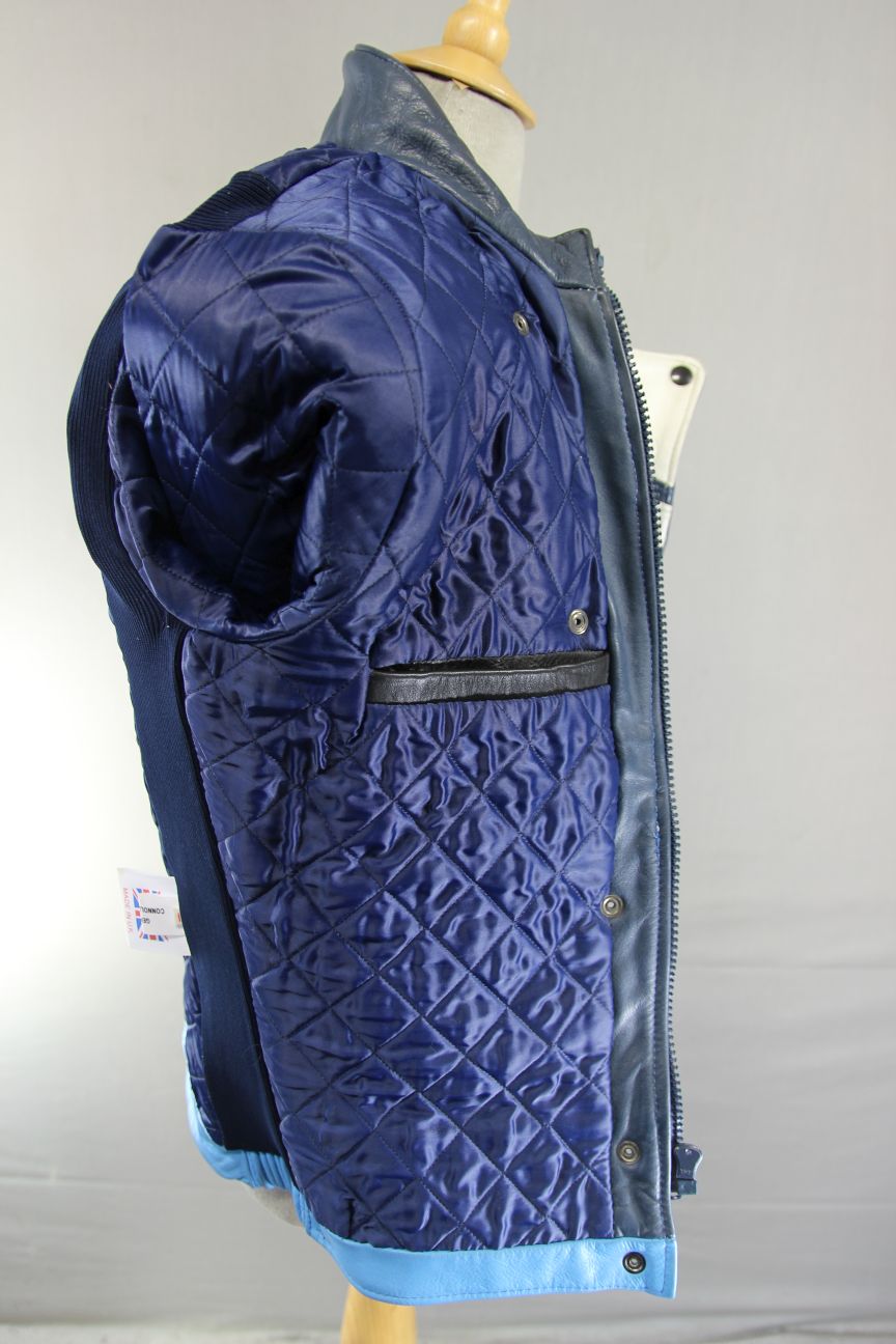 VINTAGE 80s BRITISH MADE SKY BLUE, NAVY & WHITE SCOTT LEATHERS BIKER JKT SIZE 14