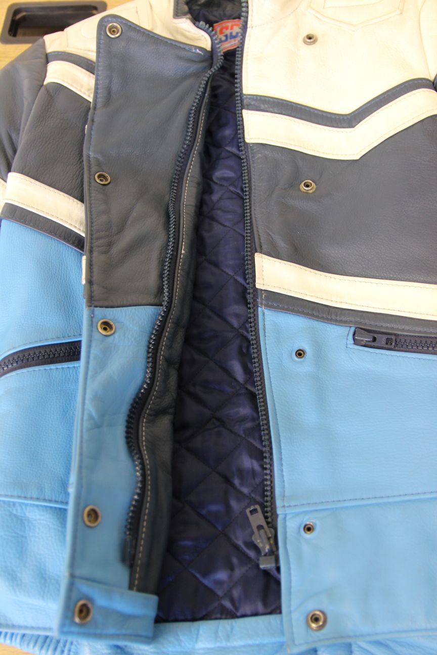 VINTAGE 80s BRITISH MADE SKY BLUE, NAVY & WHITE SCOTT LEATHERS BIKER JKT SIZE 14
