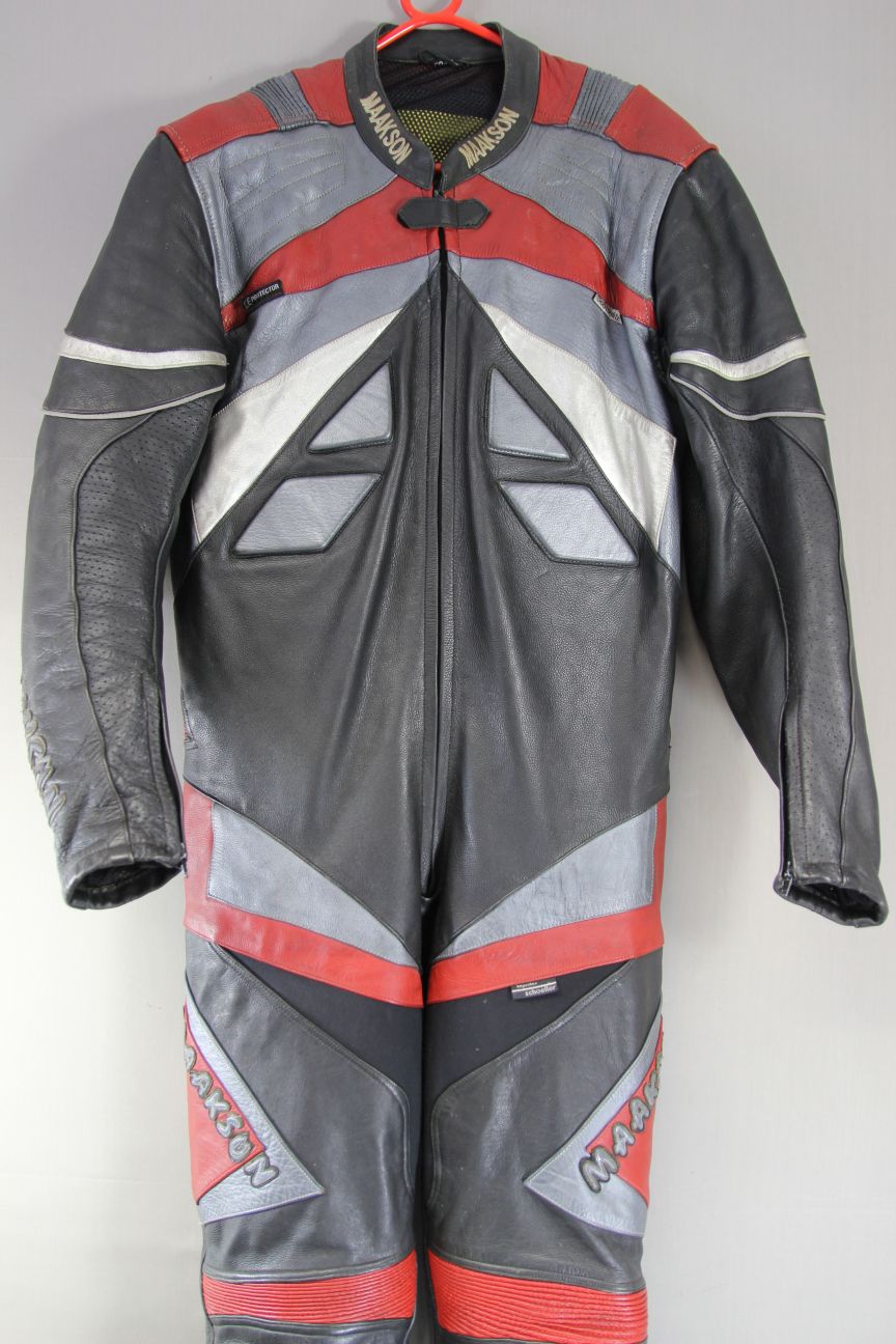 MAAKSON 1 PIECE BLACK, SILVER & RED LEATHER BIKER SUIT WITH CE ARMOUR 48 IN/XXL