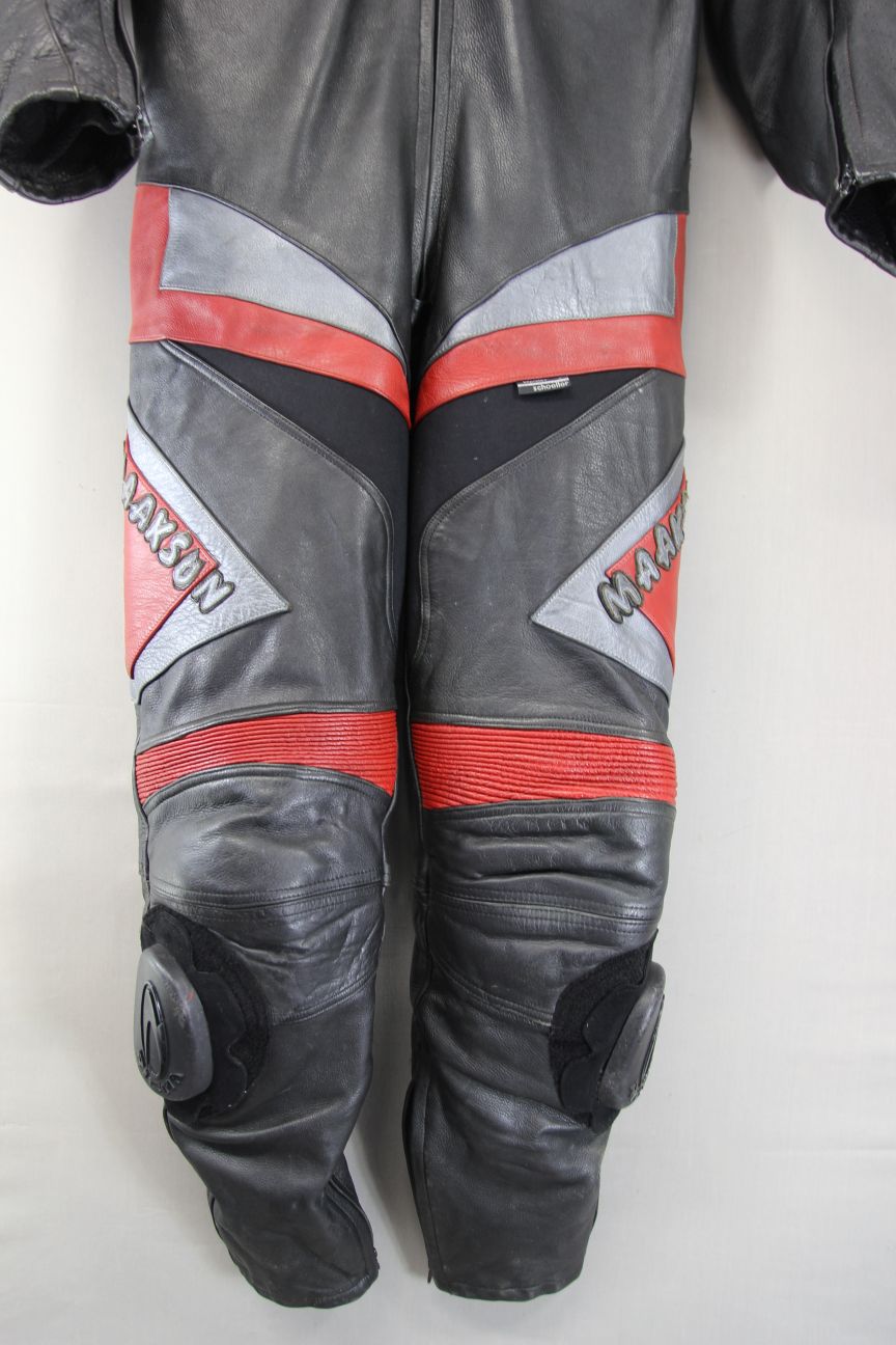 MAAKSON 1 PIECE BLACK, SILVER & RED LEATHER BIKER SUIT WITH CE ARMOUR 48 IN/XXL