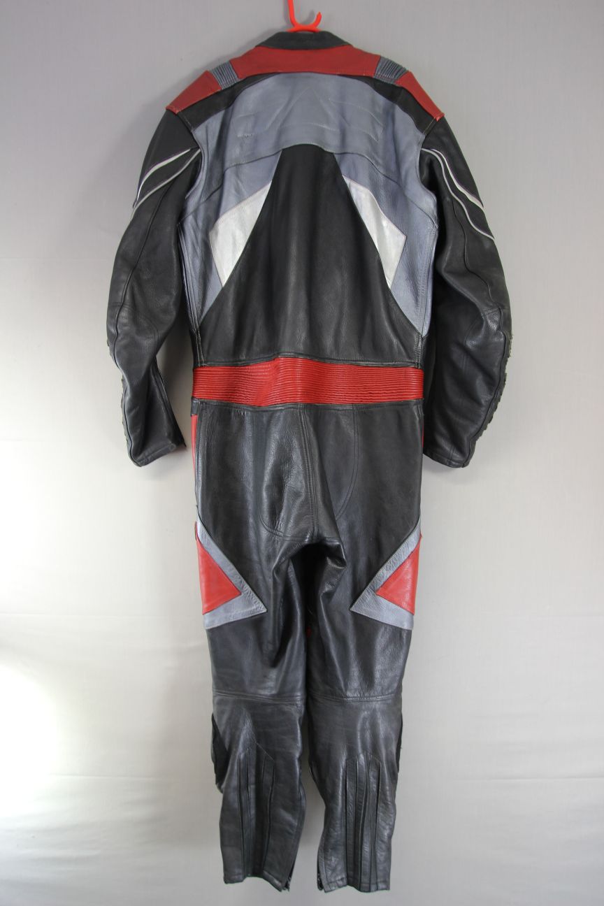 MAAKSON 1 PIECE BLACK, SILVER & RED LEATHER BIKER SUIT WITH CE ARMOUR 48 IN/XXL