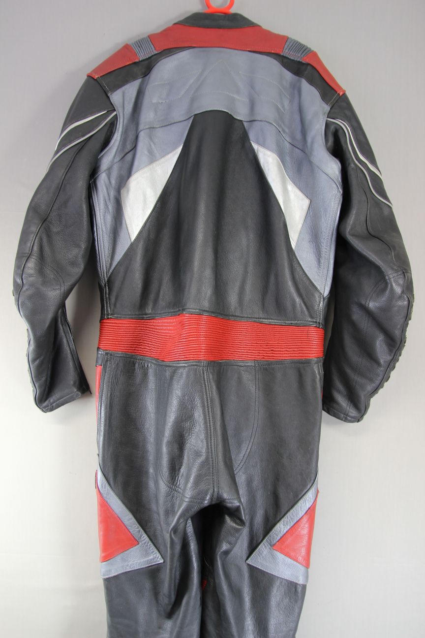 MAAKSON 1 PIECE BLACK, SILVER & RED LEATHER BIKER SUIT WITH CE ARMOUR 48 IN/XXL
