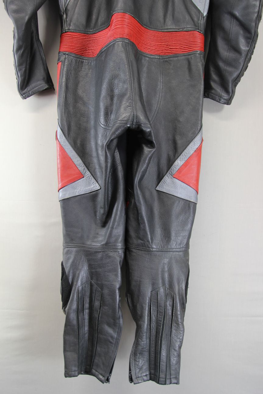 MAAKSON 1 PIECE BLACK, SILVER & RED LEATHER BIKER SUIT WITH CE ARMOUR 48 IN/XXL