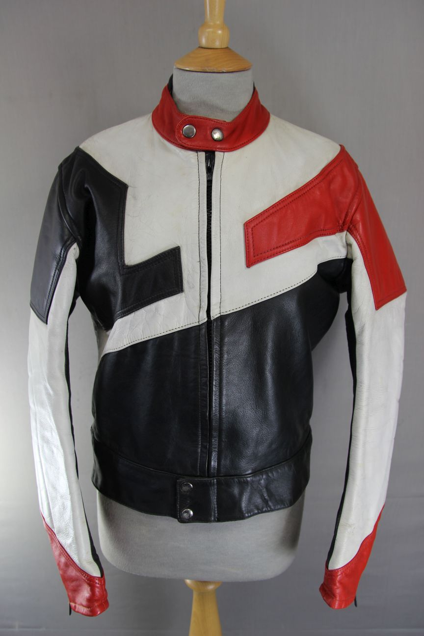 VINTAGE IMATRA BLACK, WHITE & RED LEATHER BIKER JACKET 36-38 INCH CHEST
