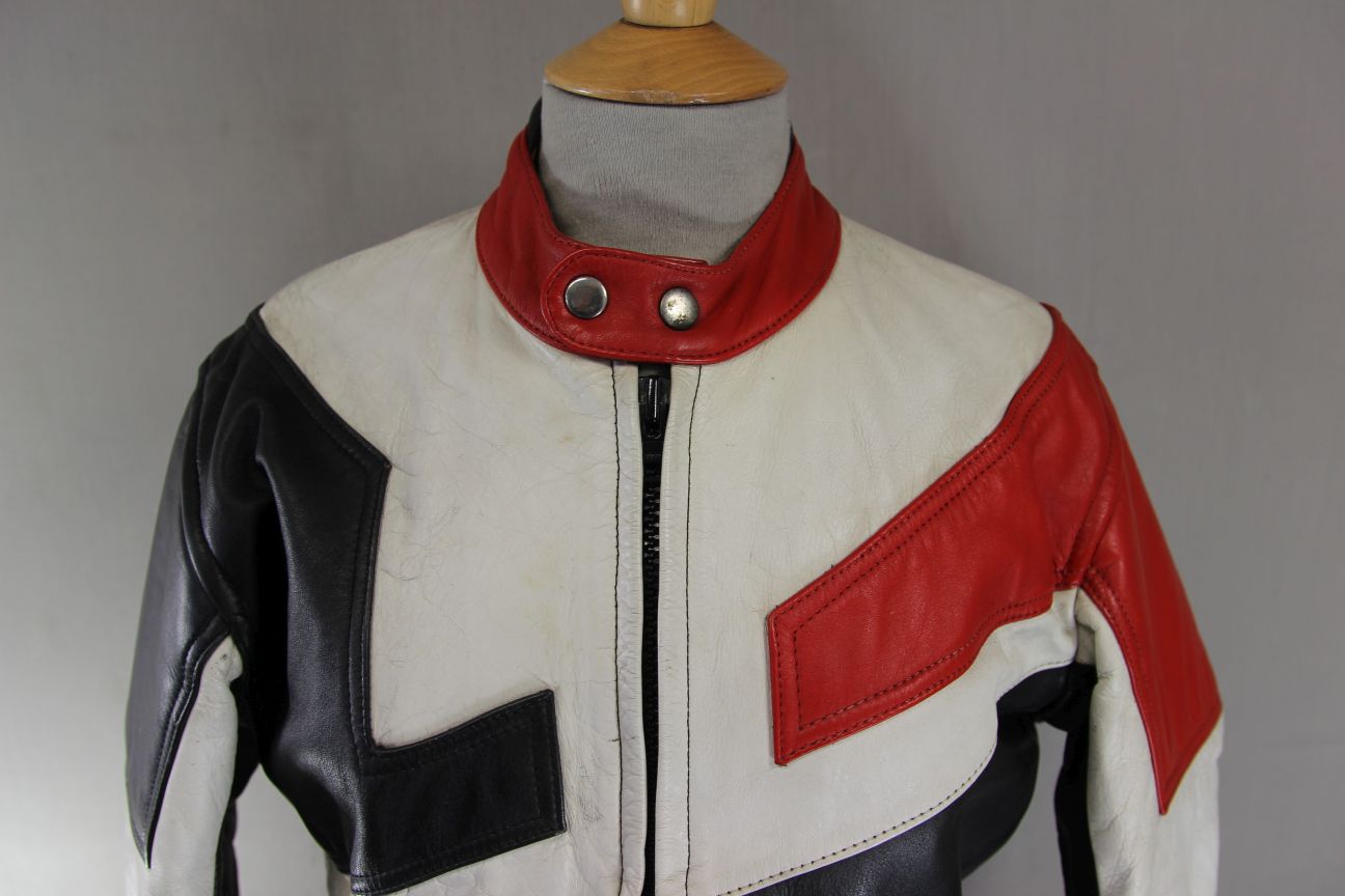 VINTAGE IMATRA BLACK, WHITE & RED LEATHER BIKER JACKET 36-38 INCH CHEST