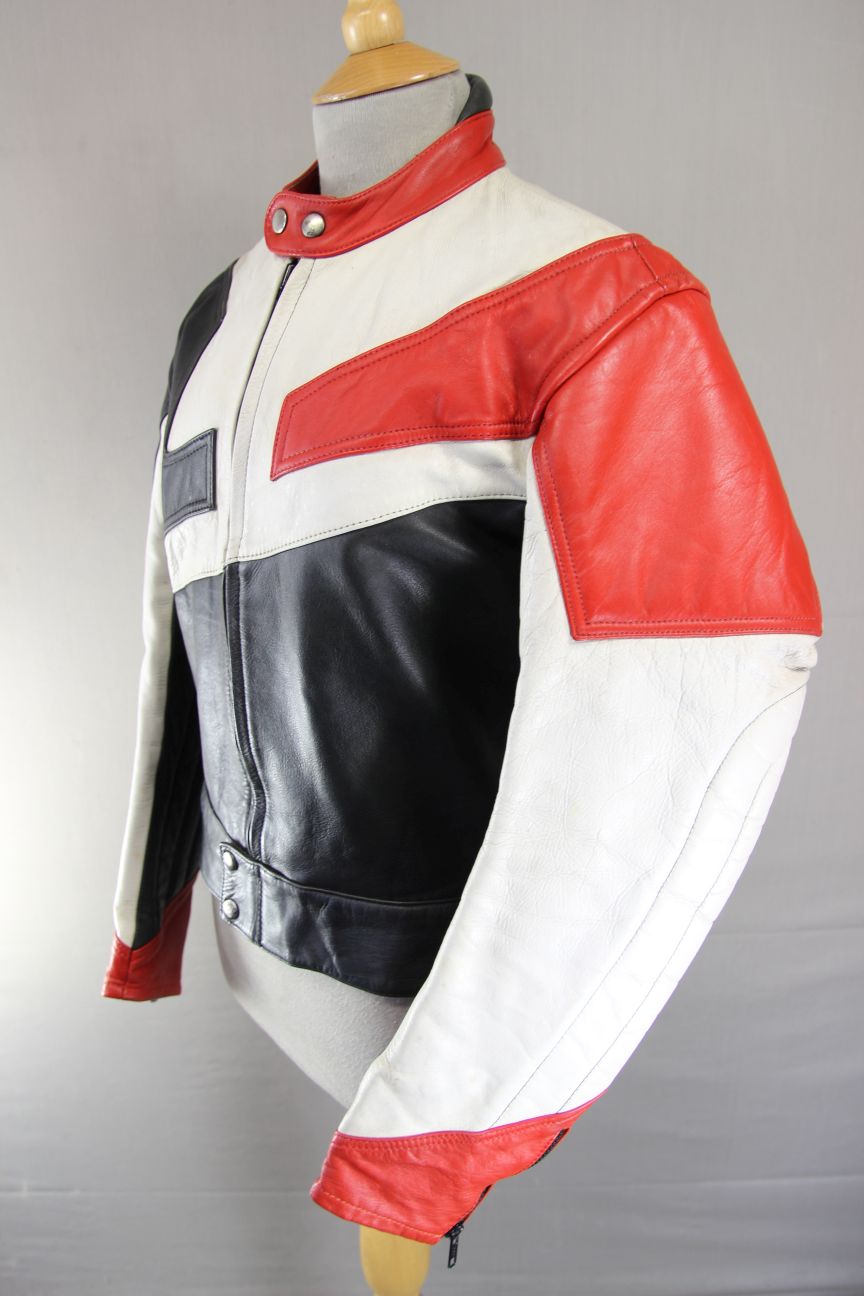 VINTAGE IMATRA BLACK, WHITE & RED LEATHER BIKER JACKET 36-38 INCH CHEST