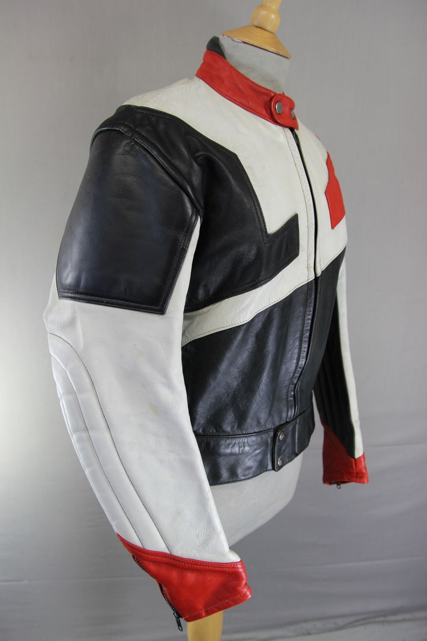 VINTAGE IMATRA BLACK, WHITE & RED LEATHER BIKER JACKET 36-38 INCH CHEST