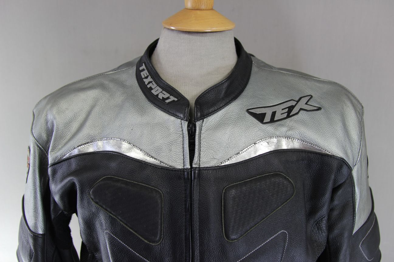 TEXPORT BLACK, SILVER & WHITE LEATHER BIKER JACKET + CE ARMOUR & RACE HUMP 42 IN
