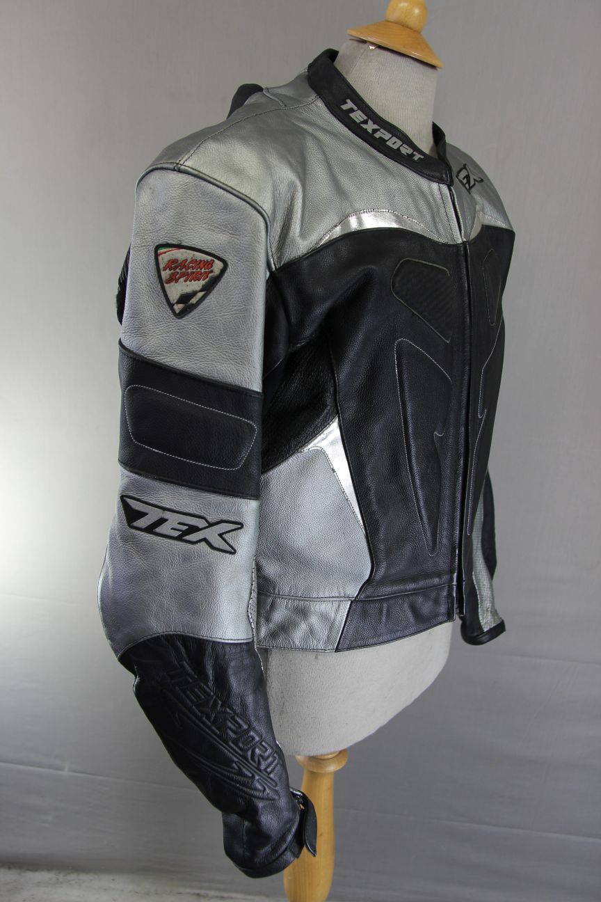 TEXPORT BLACK, SILVER & WHITE LEATHER BIKER JACKET + CE ARMOUR & RACE HUMP 42 IN