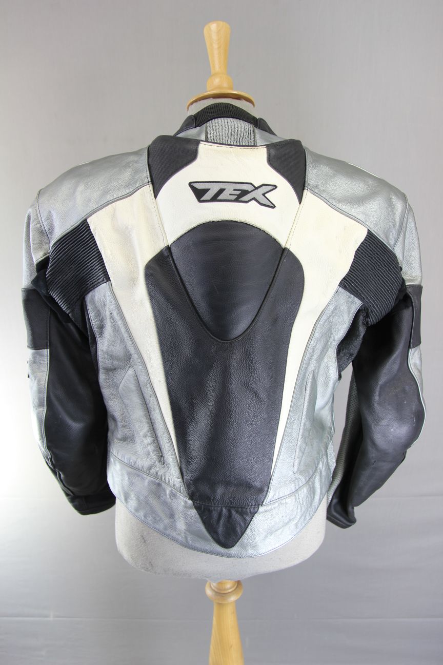 TEXPORT BLACK, SILVER & WHITE LEATHER BIKER JACKET + CE ARMOUR & RACE HUMP 42 IN