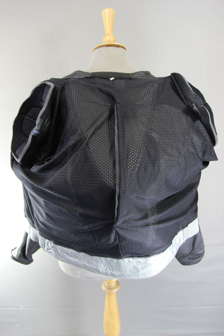 TEXPORT BLACK, SILVER & WHITE LEATHER BIKER JACKET + CE ARMOUR & RACE HUMP 42 IN