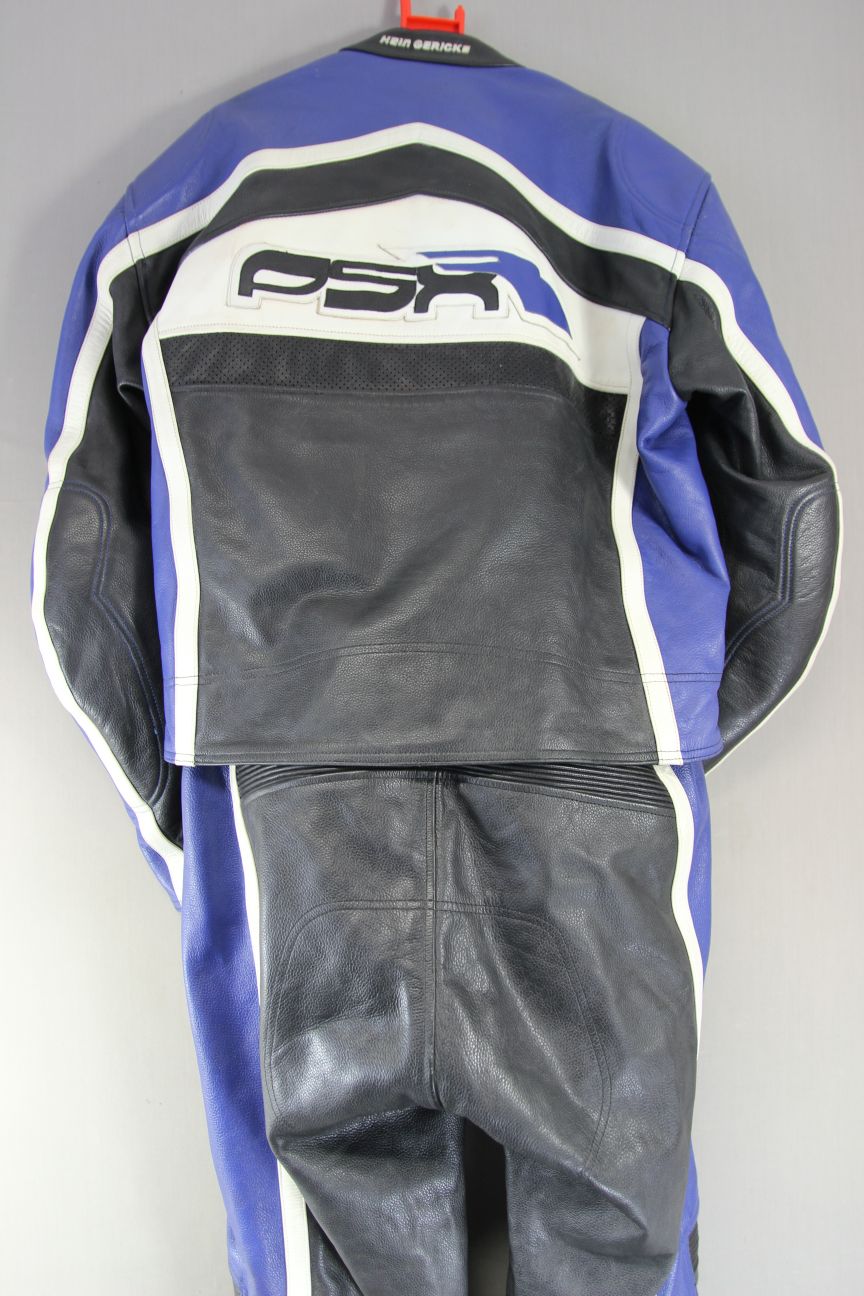 HEIN GERICKE 2 PIECE BLACK, BLUE & WHITE LEATHER BIKER SUIT + CE ARMOUR 42 INCH