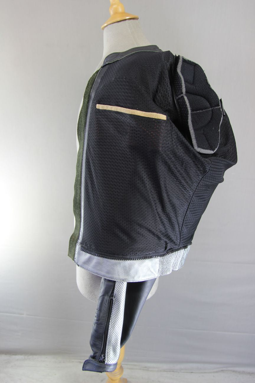 TEXPORT BLACK, SILVER & WHITE LEATHER BIKER JACKET + CE ARMOUR & RACE HUMP 42 IN