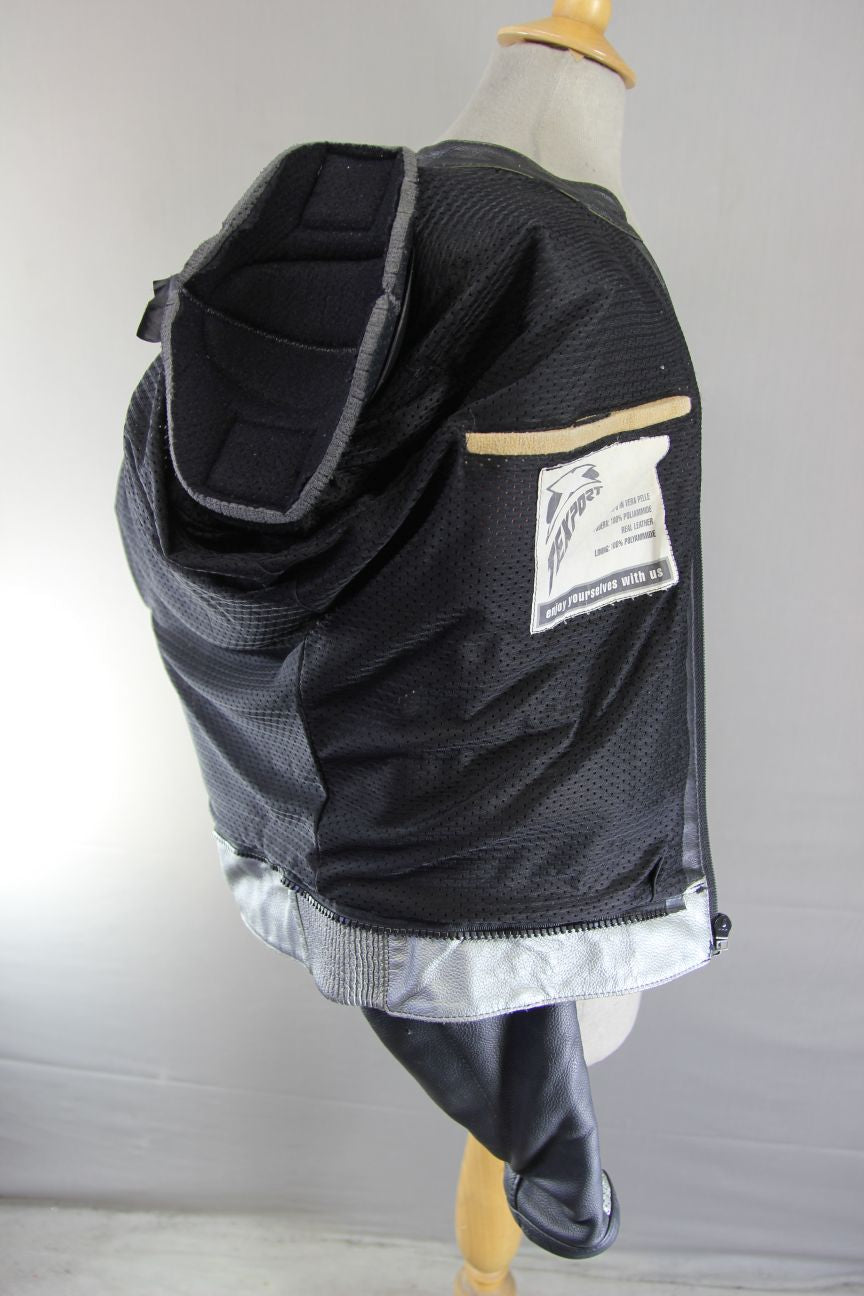 TEXPORT BLACK, SILVER & WHITE LEATHER BIKER JACKET + CE ARMOUR & RACE HUMP 42 IN