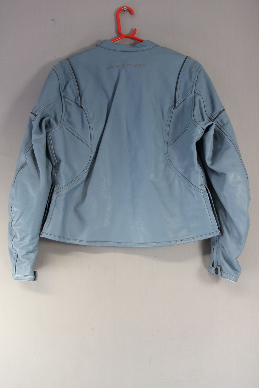 FRANK THOMAS 2 PIECE LIGHT BLUE LEATHER BIKER SUIT WITH CE ARMOUR: SIZE 14-16