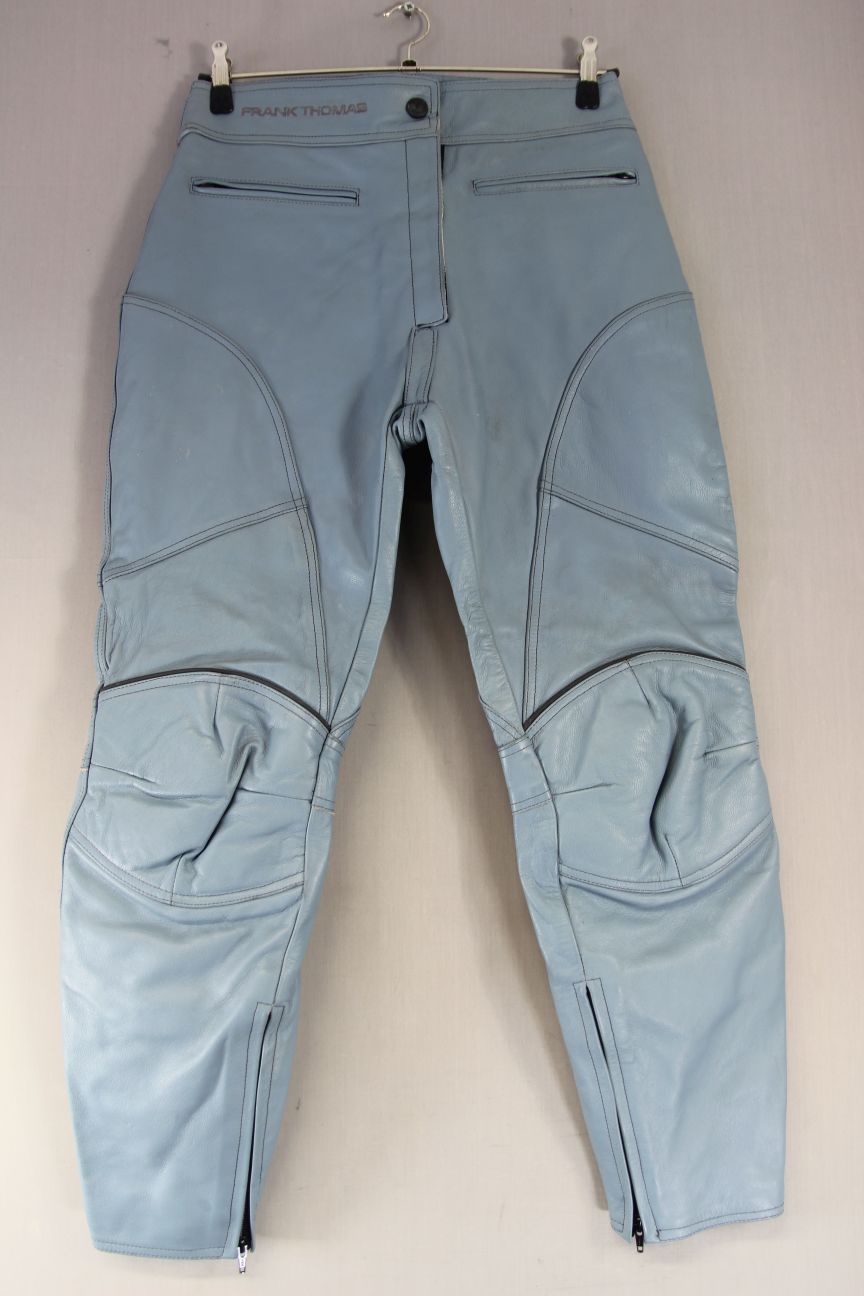 FRANK THOMAS 2 PIECE LIGHT BLUE LEATHER BIKER SUIT WITH CE ARMOUR: SIZE 14-16